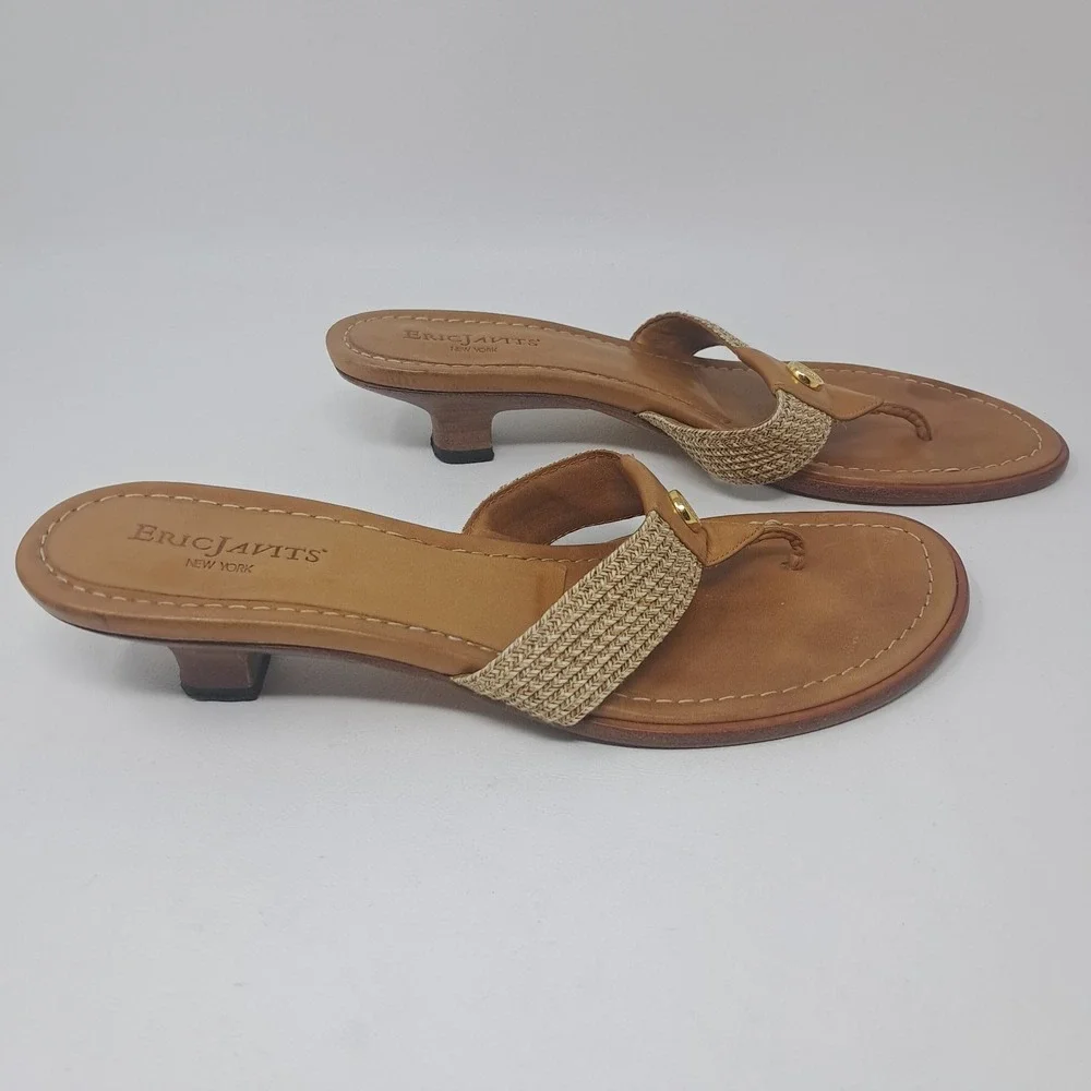 Eric Javits Woven Tan Leather Logo Kitten Heel Dress Sandal Women Sz 7 N Italy